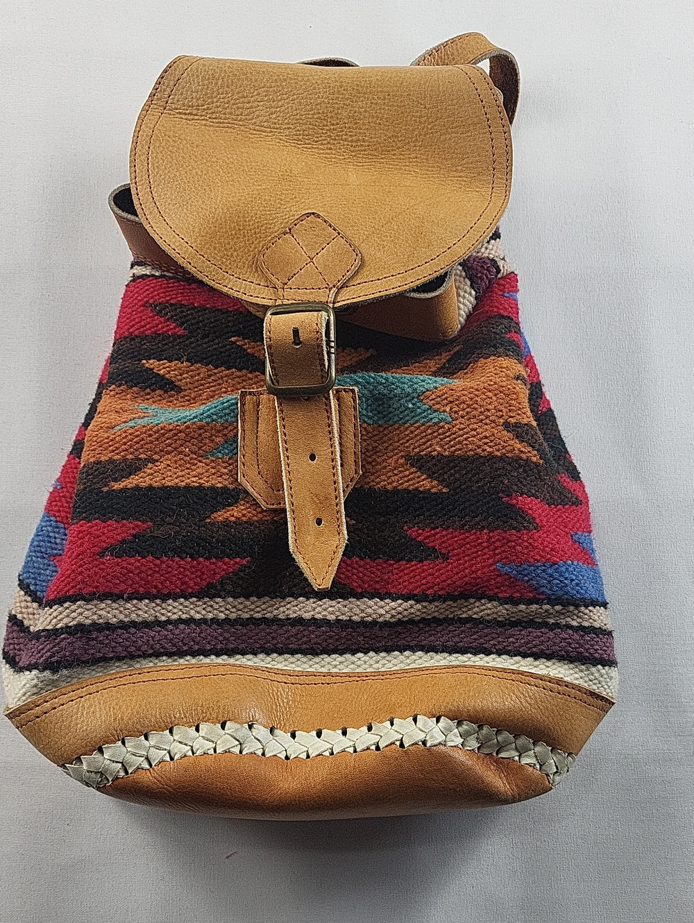 Vintage Southwestern Woven Wool & Leather Backpack Boho